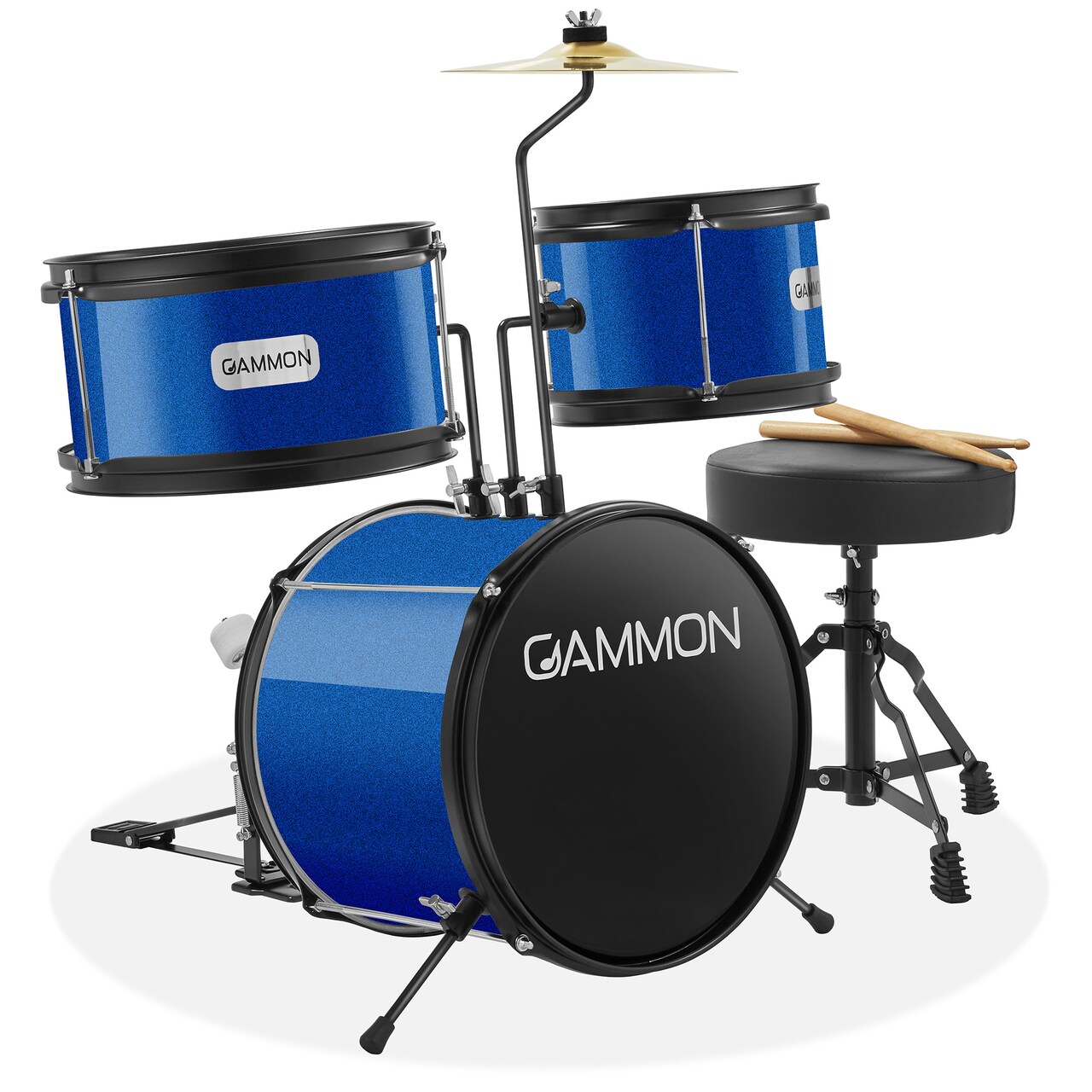 Gammon 3-Piece Junior Drum Set with Throne, Complete Beginner Kit with Bass Drum, Toms, Cymbal, Pedal, and Drumsticks